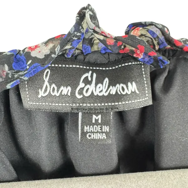 Sam‎ Edelman Tie Neck Woven Lined Blue Floral Ruffled Long Sleeve Blouse Size M - Image 6