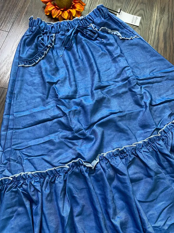 Unique Vintage NWT 1970s Chambray Ruffle Tiered Midi Skirt X-SMALL - Image 7