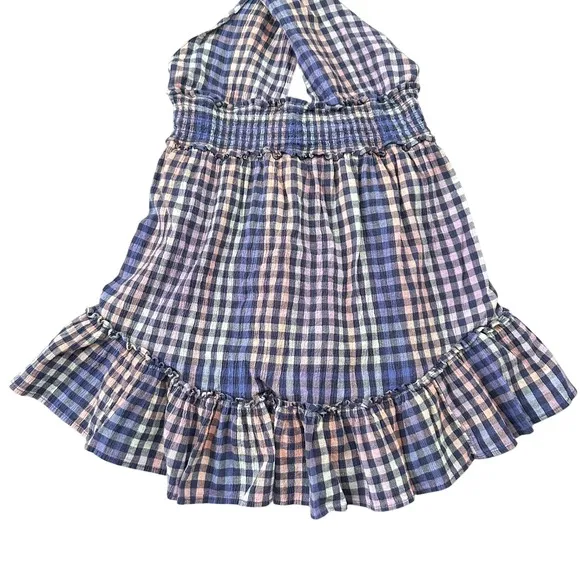 Aerie Halter Mini Dress Blue Pink Gingham‎ Plaid Smocked Waist Ruffle Hem Medium - Image 4