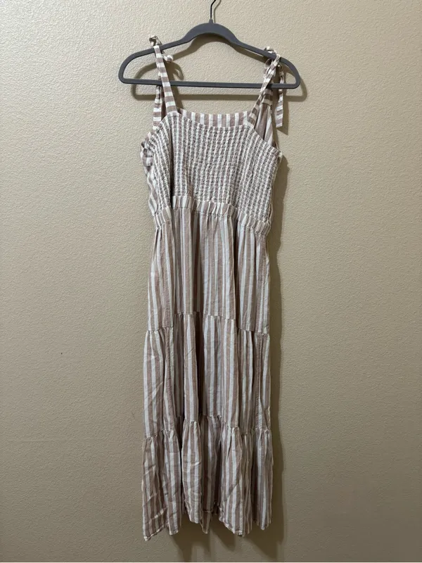 The Limited Linen Blend Tiered Midi Dress XL Beige White Stripe Tie Shoulderboho - Image 3