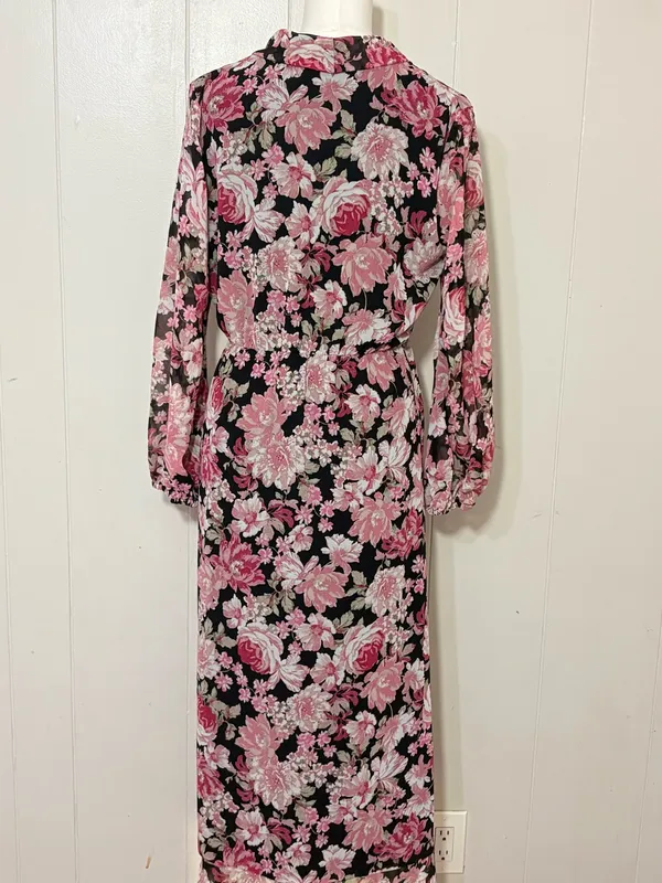Bardot Floral Wrap Maxi Dress Ruffle Side Slit Black Pink Size M - Image 6