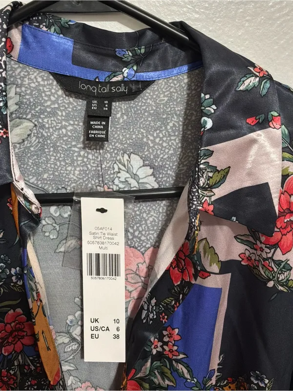 #60 NWT Long Tall Sally Satin Tie Waist Shirt Multicolor Dress Size 6 - Image 3