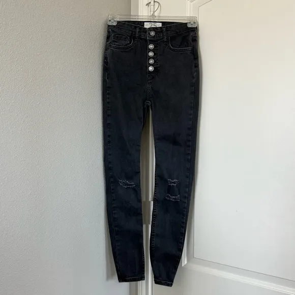 Free People Sabrina Button Front High Waisted Skinny Washed Black Gray Size 25 - Image 9