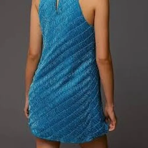 Let Me Be Women Dress XS Blue Beaded Halter Mini Sleeveless Shift Cocktail - Image 3