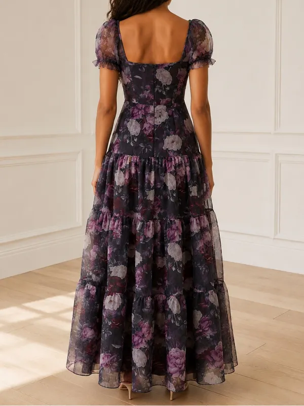 NWT Lulus Delightful Expression Maxi Dress Sz Medium Black Purple Floral Organza - Image 5