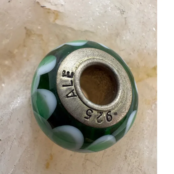 Pandora ALE Green Murano Glass White Hearts Charm Sterling Silver 925 Bead - Image 4
