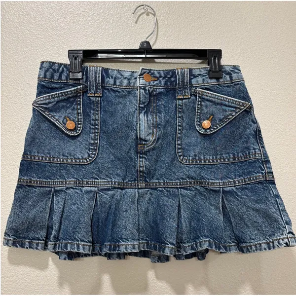Reclaimed Vintage Y2K Denim Pleated Mini Skirt Womens US 6 Blue Low Rise - Image 2