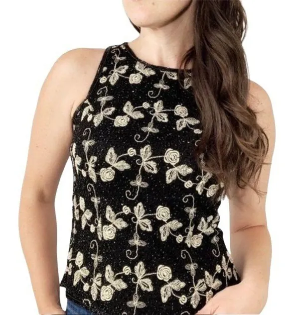 Laurence Kazar Silk Beaded Top Size Large Floral Embroidered Sleeveless Sz L - Image 9