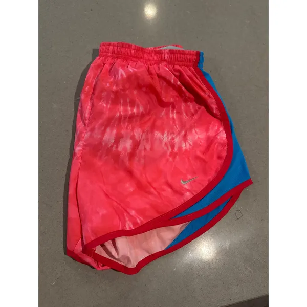 Nike Dri-FIT Running Shorts Women's Medium‎ Red Pink Tie Dye Blue Trim Athletic - Image 2