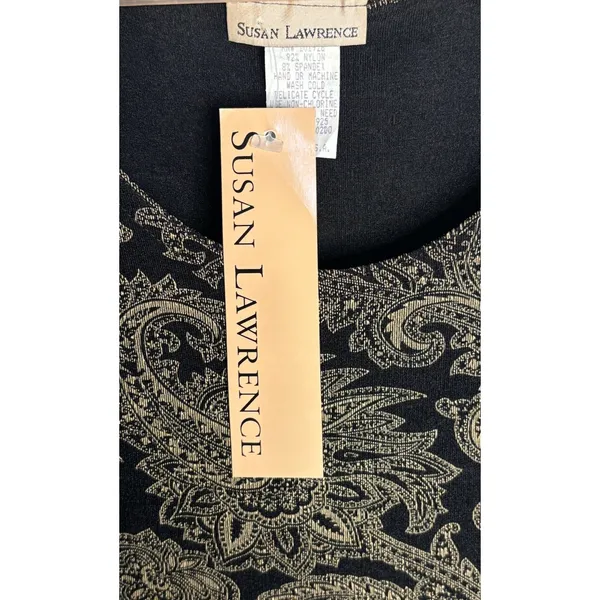 Susan Lawrence Paisley Maxi Dress Size Large Vintage Black Gold Short Sleeve NWT - Image 4