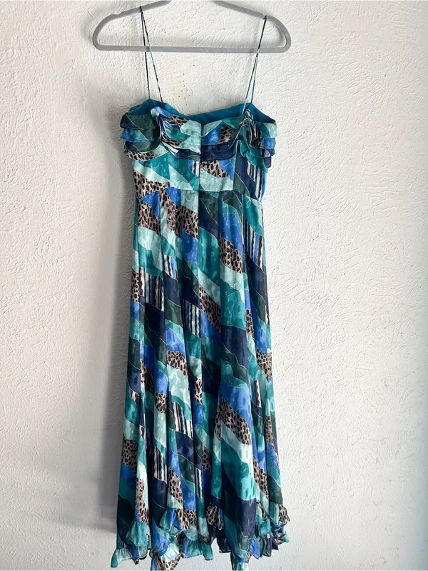 Anthropologie Hutch Ondine Ruffled Maxi Dress Blue Abstract Print Romantic Sz 2 - Image 5