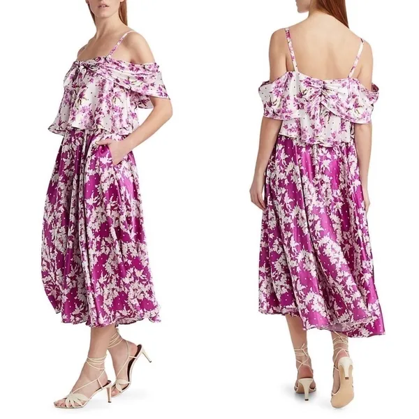 AMUR Dress Off-The-Shoulder Popover Waist Floral Silk Flowy Midi Magenta‎ 4 NWT - Image 5