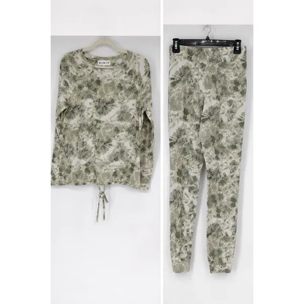 KIKIT Lounge Set Women Small Green White Tie Dye Drawstring Top Joggers 2pc Cozy - Image 2
