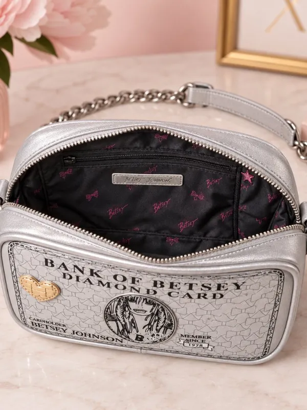 Betsey Johnson Bank of Betsey Diamond Card Crossbody Bag Silver NWT - Image 4