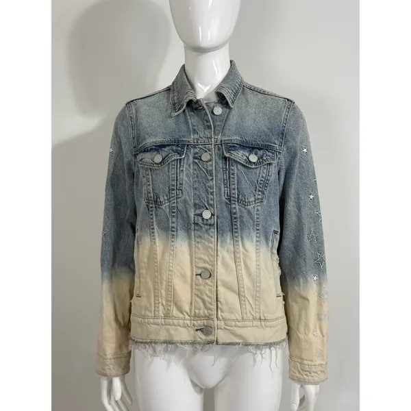 BLANKNYC Denim Jacket Ombre Dip Dye Star Embroidered Distressed Trucker Size XS - Image 2