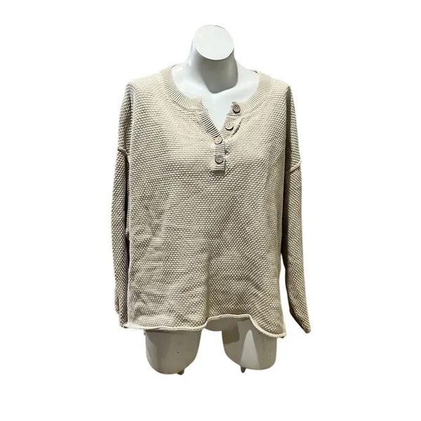 Free People Women's Henley Sweater Beige Medium Long Sleeve Relaxed Fit - Image 9