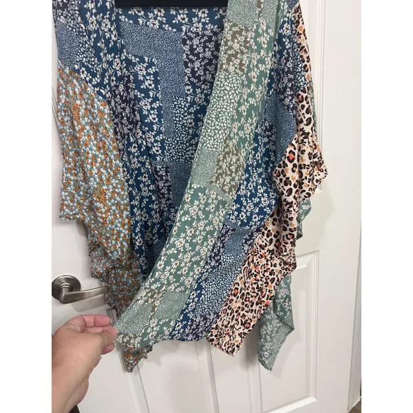 Umgee Women Blue Patchwork Print Floral Leopard Open Front Kimono Wrap Boho S/M - Image 10