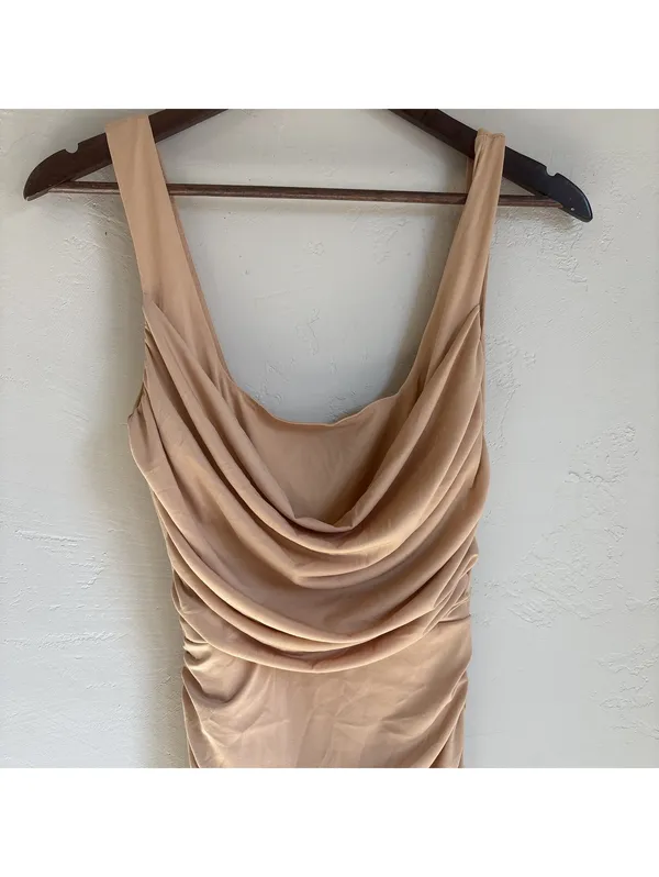 Saints + Secrets Womens US Small Nude Tan Ruched Cowl Neck Bodycon Mini Dress - Image 2