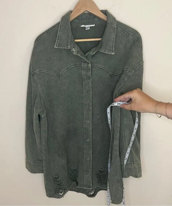 12Th Tribe Womens Dark Olive Green Distressed Shacket Button Up One Size Jacket - Image 3