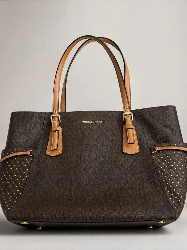 Michael Kors Tote East West Signature Jacquard Voyager Dark Brown Bag Purse - Image 2