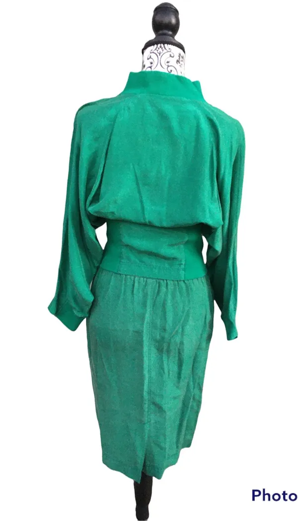 Vintage 80s Kelly Green Gingerfield Silk Two Piece Outfit Turtleneck Skirt S - Image 2