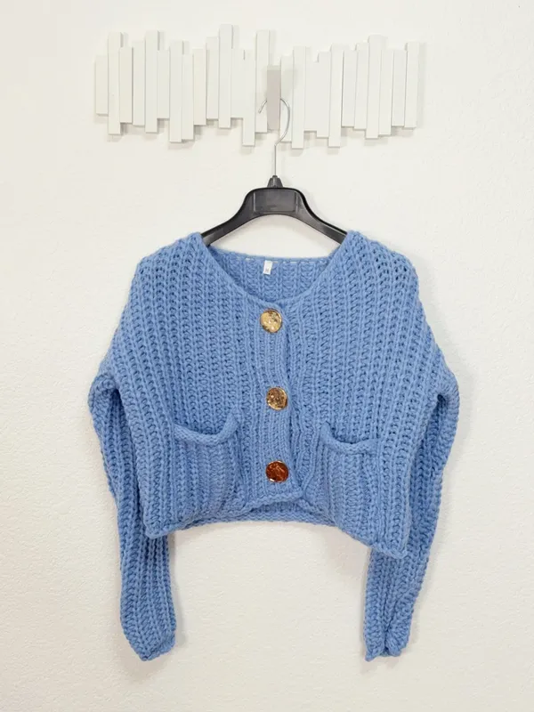 Miss Sparkling Blue Chunky Knit Cropped Cardigan Gold Button Pocket Sweater - Image 2