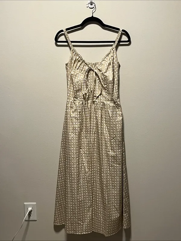 HILL HOUSE (NWT) The Juliana Midi Dress in Basketweave, Beige/White, Size M - Image 4
