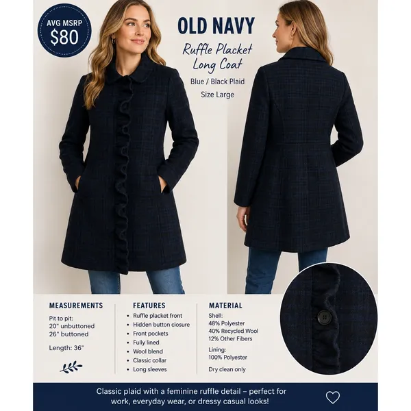 Title: Old Navy L Blue Black Plaid Wool Blend Ruffle Placket Long Coat MSRP $80 - Image 3