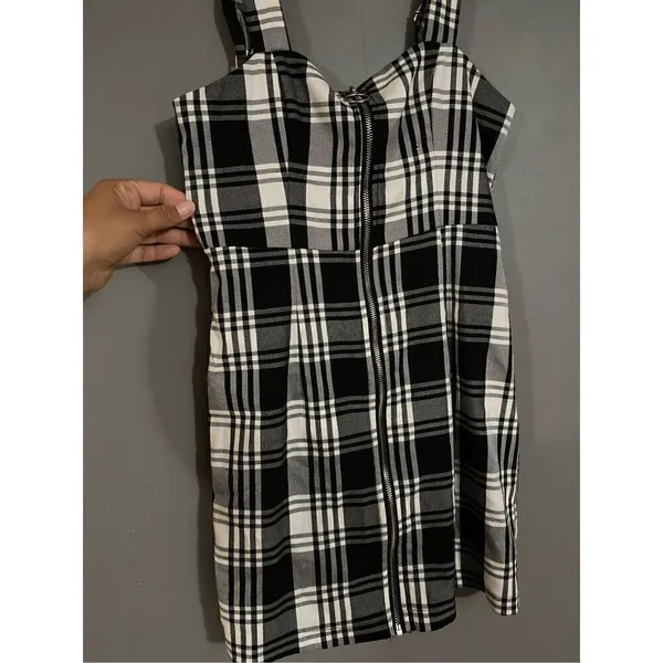 Forever 21 Black White Checkered Full Zip Adjustable Straps Fall Dress S - Image 3