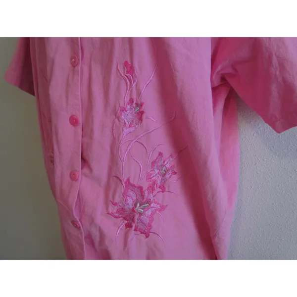 Vintage 90s Cotton Pajama Set‎ XXXL Pink Cotton Floral Embroidered Button Up - Image 4