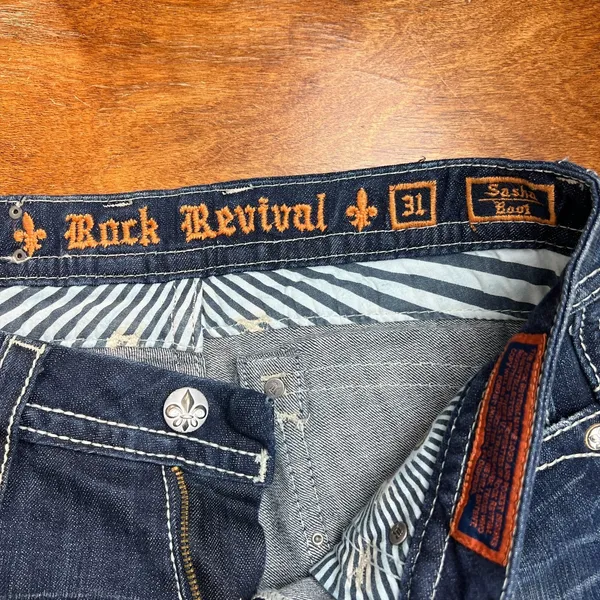 Y2K Rock Revival Sasha‎ Boot Jeans Womens 31 Dark Wash Denim Flap Rhinestones - Image 9