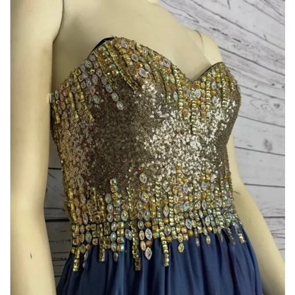 2000s Glow Dress Blue Chiffon Beaded Prom Gown Gold Sequin Formal Strapless S - Image 12