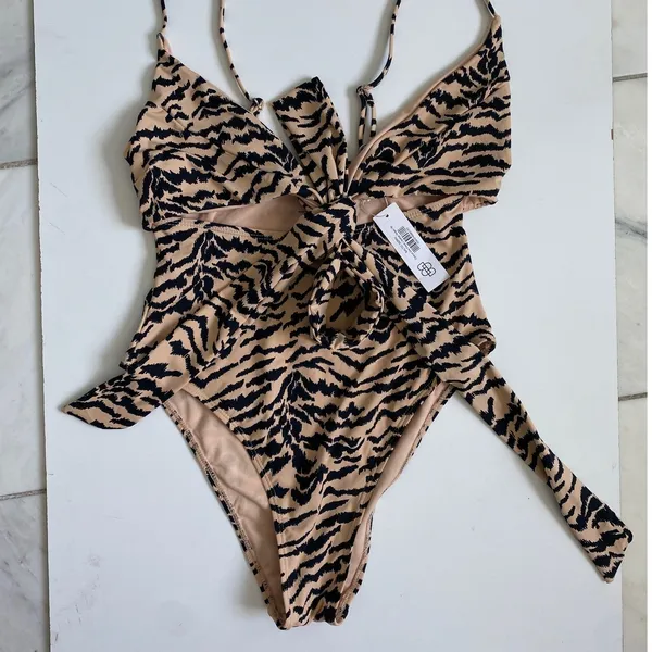 Baltic Born Cyprus One Piece‎ Swimsuit Animal Stripe Tan Black Cutout S0437B M - Image 4