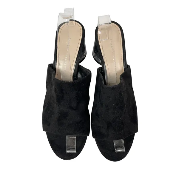 Zara Women's Black Faux Suede Clear Chunky Block Heel Open Toe Mule Heels Sz 7.5 - Image 2