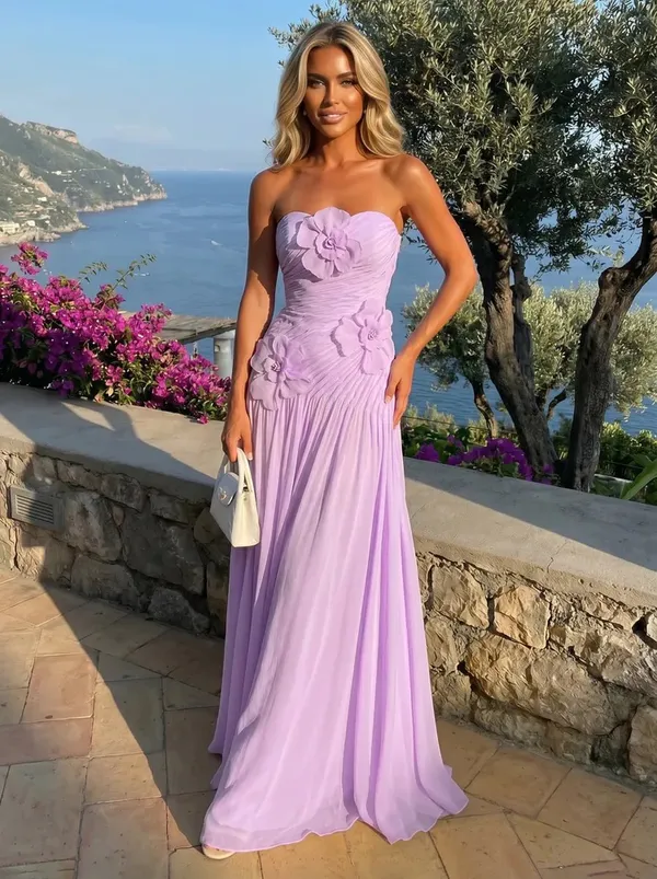 Fuchsia Chiffon Strapless Pleated Maxi Dress with 3D Flowers - Image 4