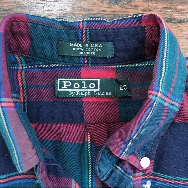 vintage • Polo Ralph Lauren 90s plaid buttondown shirt green red navy cotton - Image 3