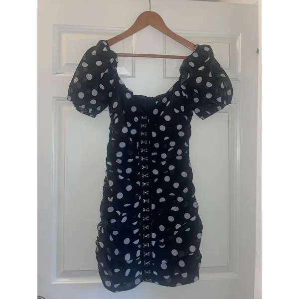 URBAN OUTFITTERS Puff Sleeve Polka Dot Mini Dress Small S Black White - Image 4