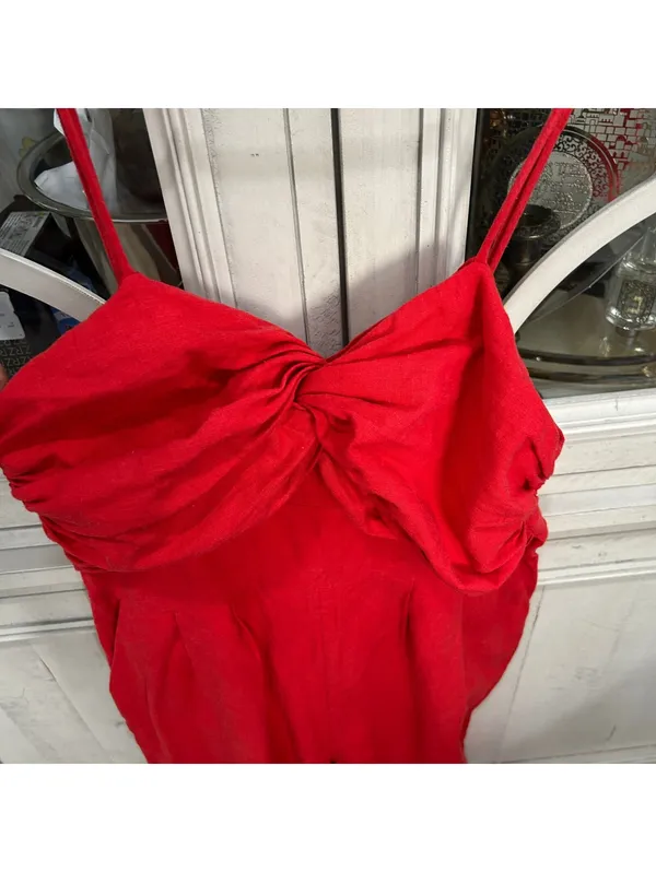FARM Rio Red Linen Blend Bow Front Jumpsuit XS Boho Cottage Tropical Indie - Image 4