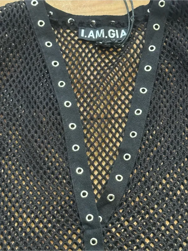 I.AM.GIA Black Mesh Festival Long Sleeve Top XS Sheer Eyelet Grunge Goth - Image 8