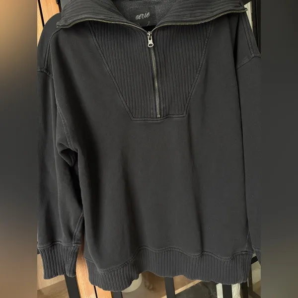 Aerie Down To Earth half zipper pullover sweatshirt ribbed charcoal oversized - Image 8