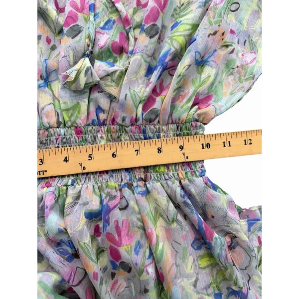 MISA Los Angeles Dress Small Watercolor Floral Midi Smocked Rainbow Boho #BB13-1 - Image 7