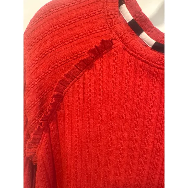 Tru Luxe Jeans Red Textured Knit Top Side Tie Checkered Trim gameday Small - Image 4
