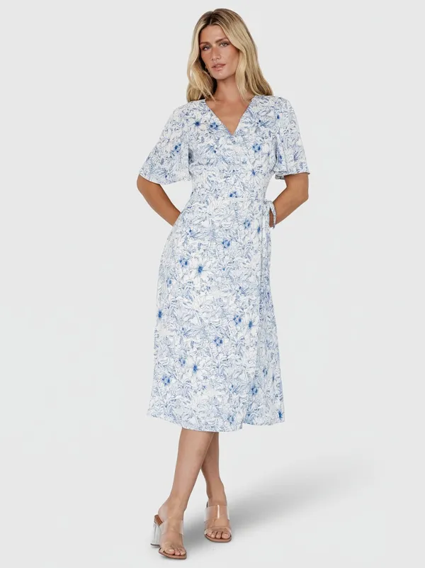 NWT Baltic Born Amelie Midi Wrap Dress Floral Blue and White Print Flowy - Image 11