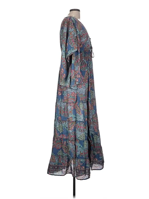 L Boemo Women’s Blue Paisley Animal Tiered Bohemian Maxi Dress Smocked Waist - Image 6