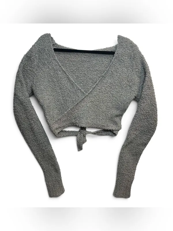 SKIMS Gray Cozy Knit Wrap Crop Top Long Sleeve Tie Waist L/XL - Image 3