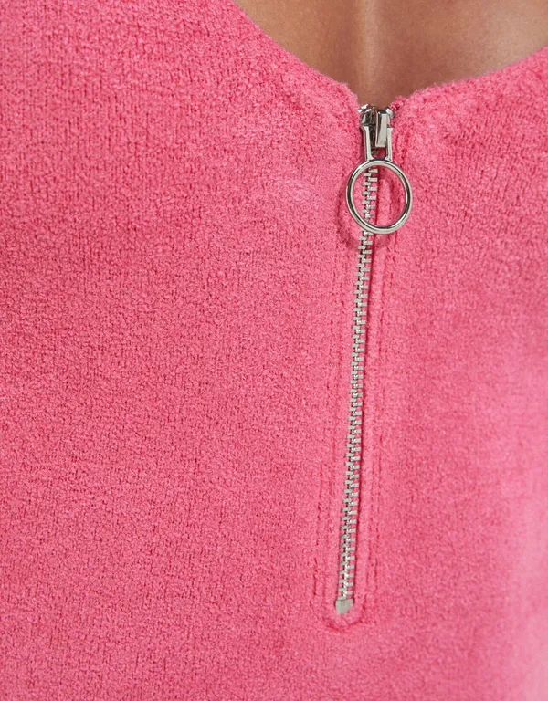Bershka Pink Velvet Half Zip Up Bodysuit Top Shirt - Image 3