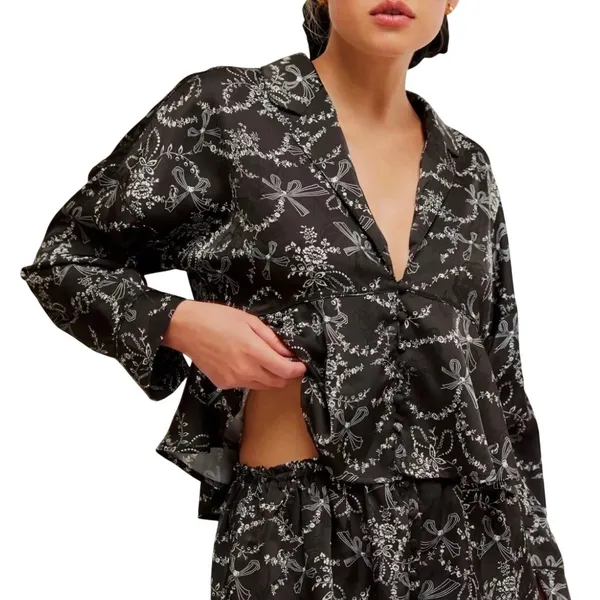 Intimately Free People Black Floral Beauty Sleep Peplum Blouse Medium - Image 9