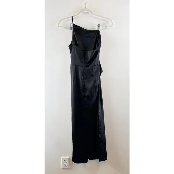 Petal & Pup Satin Asymmetrical One Shoulder Cocktail Maxi Dress Black 2 - Image 3