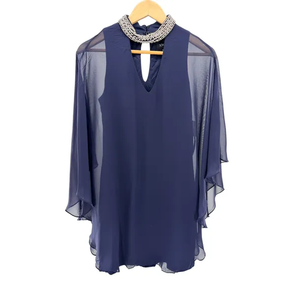 Xscape Chiffon Overlay Bead Choker Neck Shift Dress Sz 4 Navy Blue Cocktail NWT - Image 2