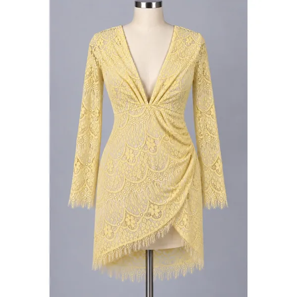 Reverse Australia Yellow Lace Long Sleeve Mini Dress V-Neck Open Back Sz Med NEW - Image 2